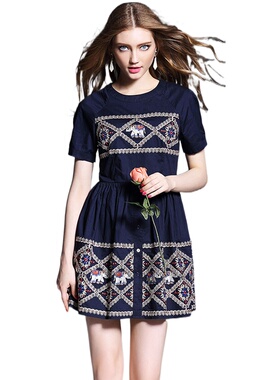 奈昕个性化私人订制 116643 中腰dress短袖动物图案圆领连衣裙淑