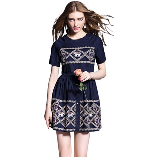 奈昕个性化私人订制 116643 中腰dress短袖动物图案圆领连衣裙淑