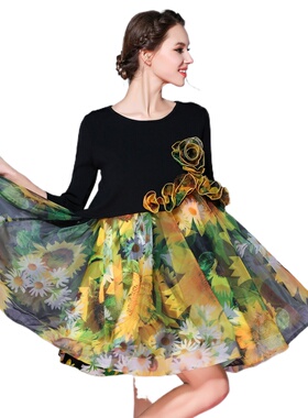 奈昕个性化私人定制29637田园唯美印花拼接高腰两件套蓬蓬裙a字