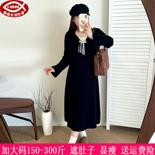 2026春装新品200斤大码女毛衣裙胖mm蕾丝蝴蝶结假两件针织连衣裙