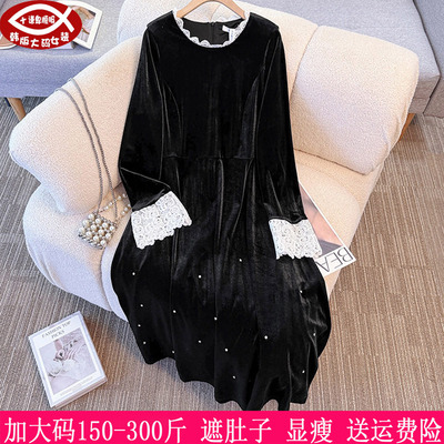 胖mm金丝绒镶钻显瘦A字连衣裙