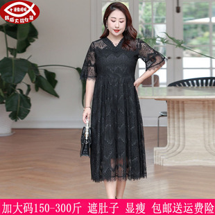 女装 300斤加大码 280胖mm复古V领过膝蕾丝长连衣裙240 新款 2023夏季
