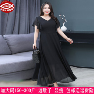 270胖mm荷叶袖 2025夏季 女装 300斤特大码 V领雪纺过膝连衣裙240 新款
