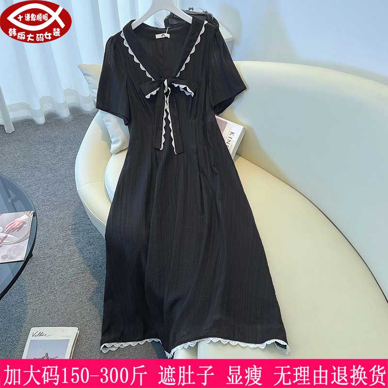 胖mm显瘦V领系带短袖连衣裙