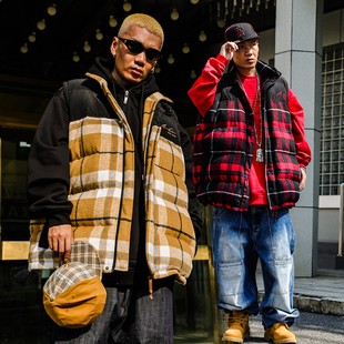 ACUSA复古嘻哈街头毛呢格子拼色加厚夹棉重磅防风御寒马甲秋冬男