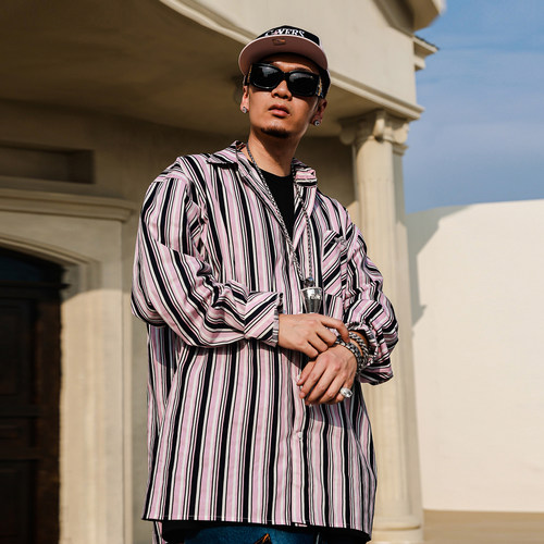 千禧街头宽松落肩彩条纹男衬衫
