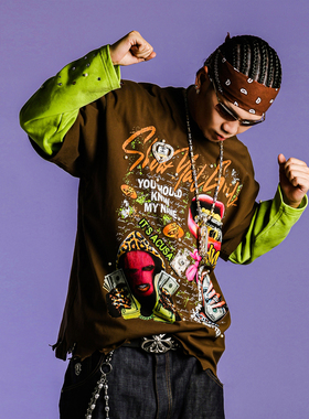 ACUSA JEANS GRUNGE风格假两件脏脏袖烫钻手缝珍珠重工长袖T卫衣