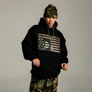 ACUSA美式 复古街头嘻哈花旗LOGO立体印花拼色重磅套头连帽卫衣男