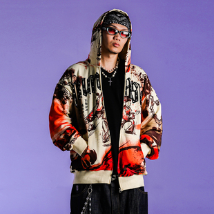 拉链卫衣外套连帽男女 水墨印花烫钻薄款 ACUSA JEANS风林火山中式