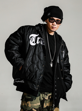 ACUSA短宽版型菱形格棉无领设计棒球服外套贴布刺绣纯色百搭街头