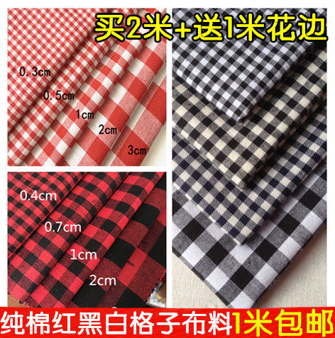 纯棉红黑小方格窗帘布手工diy