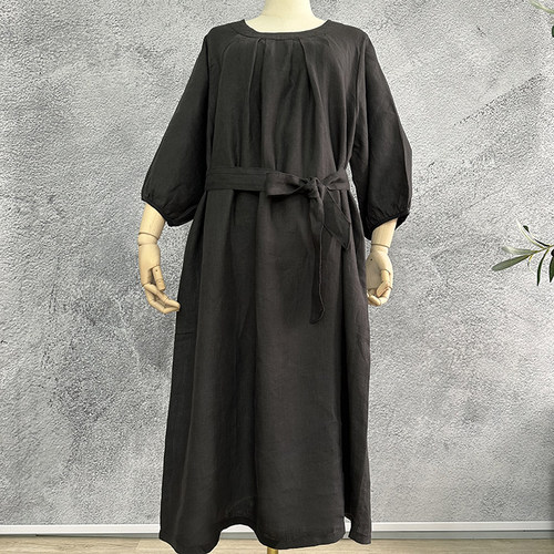 一裙两穿  有机亚麻连衣裙宽松休闲版七分袖中长裙