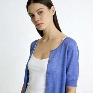 系扣爽滑 T恤上衣开衫 亚麻针织圆领5分袖 短袖