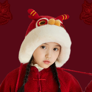 儿童帽子秋冬季红色新年喜庆中国风毛线虎头帽过年冬天龙宝宝女