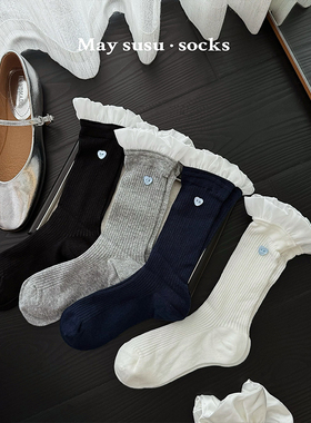 May susu·花边中筒袜夏季薄款miu系芭蕾风白色简约竖纹棉堆堆袜