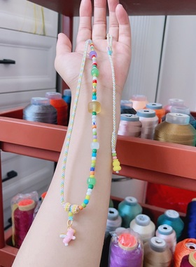 新品小红书周家同款项链彩虹琉璃半成品编织绳女款彩珠女民族