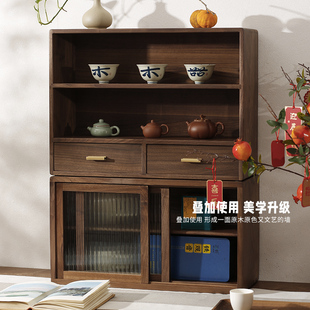 实木收纳架台面置物架 黑胡桃木桌面收纳柜餐边柜多层茶具杯子中式