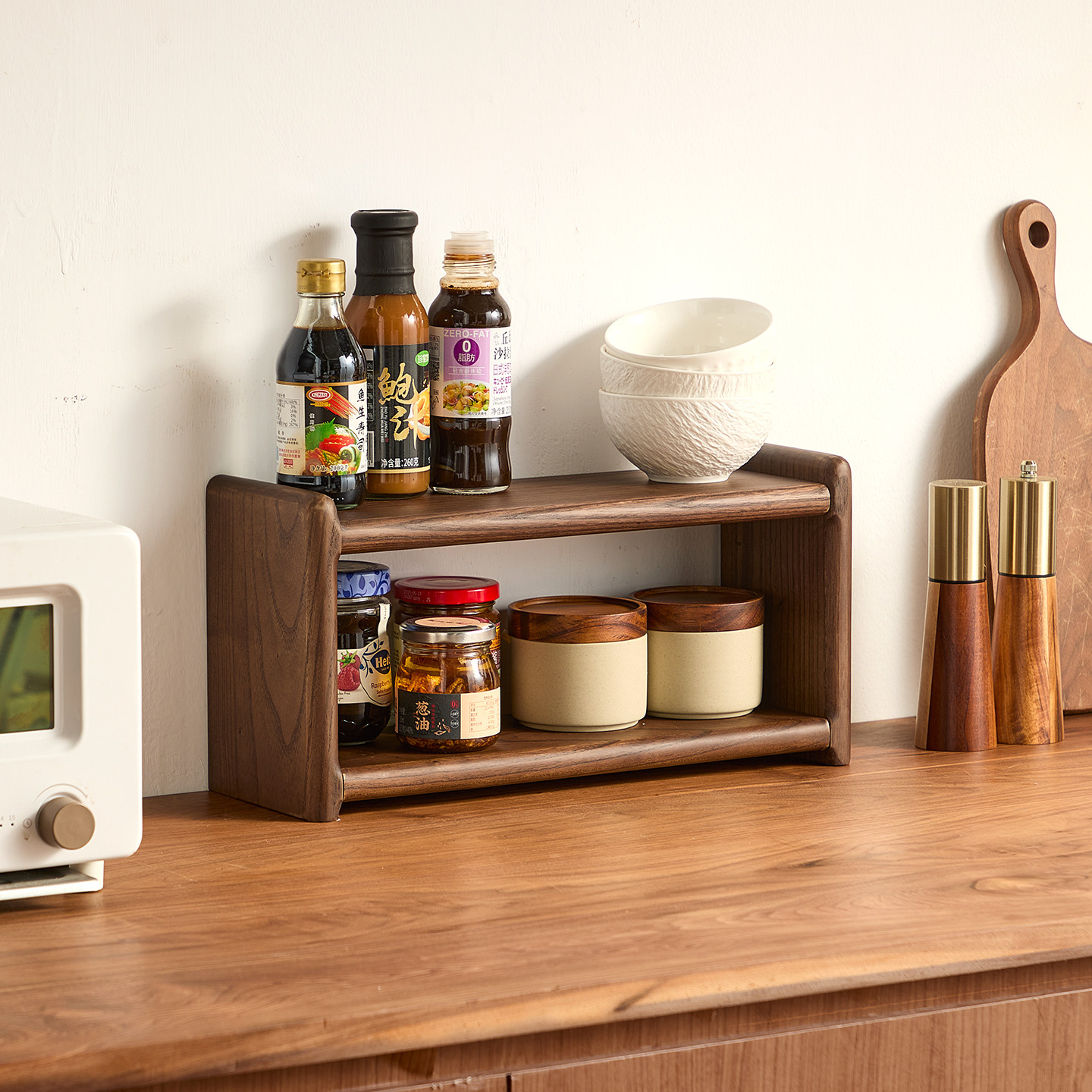 实木桌面置物架双层茶具咖啡杯子收纳架小型博古架厨房调料架子