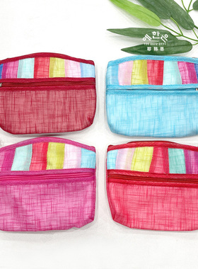 双拉钱包彩条拼色麻布钱包宽12.5cm 高10.5cmHE-D1269