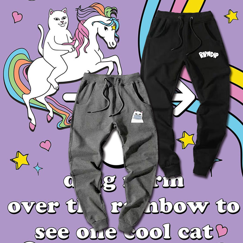 贱猫欧美潮牌卡通中指猫运动纯棉长裤时尚原宿风搞怪小脚束口卫裤