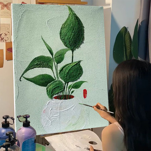 清新绿植石英砂肌理画diy材料全套数字油画立体网红手绘花卉装饰