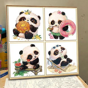 国风熊猫卡通5D钻石画小幅手工制作新款带框粘贴画学生作业装饰画