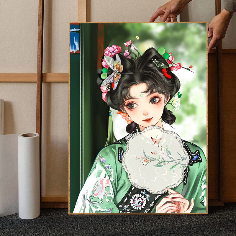 俏皮少女钻石画2025新款卧室古风卡通人物十字绣水钻砖石贴画带框