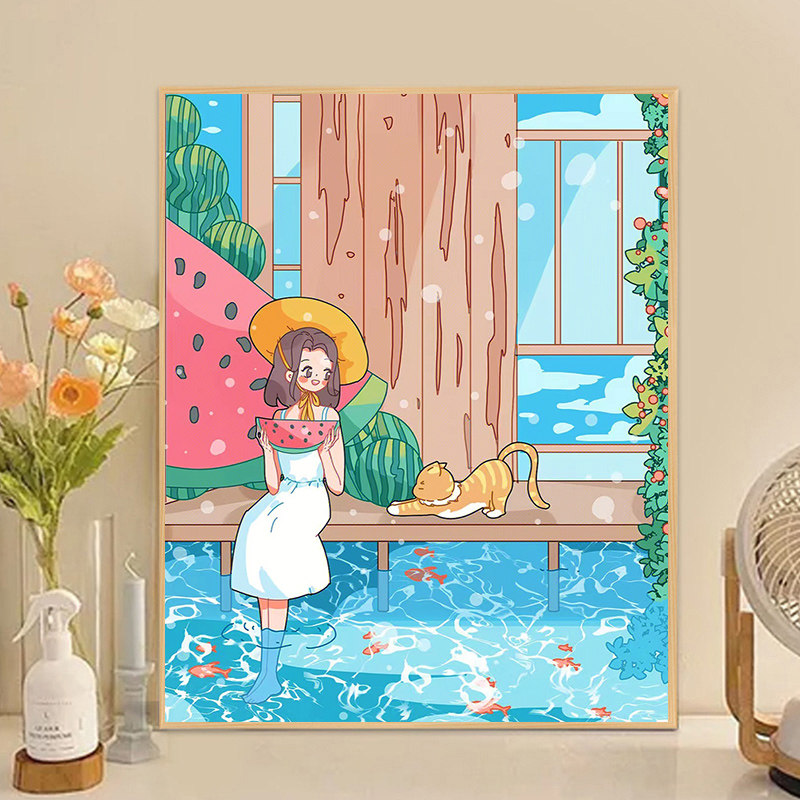 治愈卡通少女钻石画新款唯美风景小幅手工贴钻十字绣女孩卧室满钻