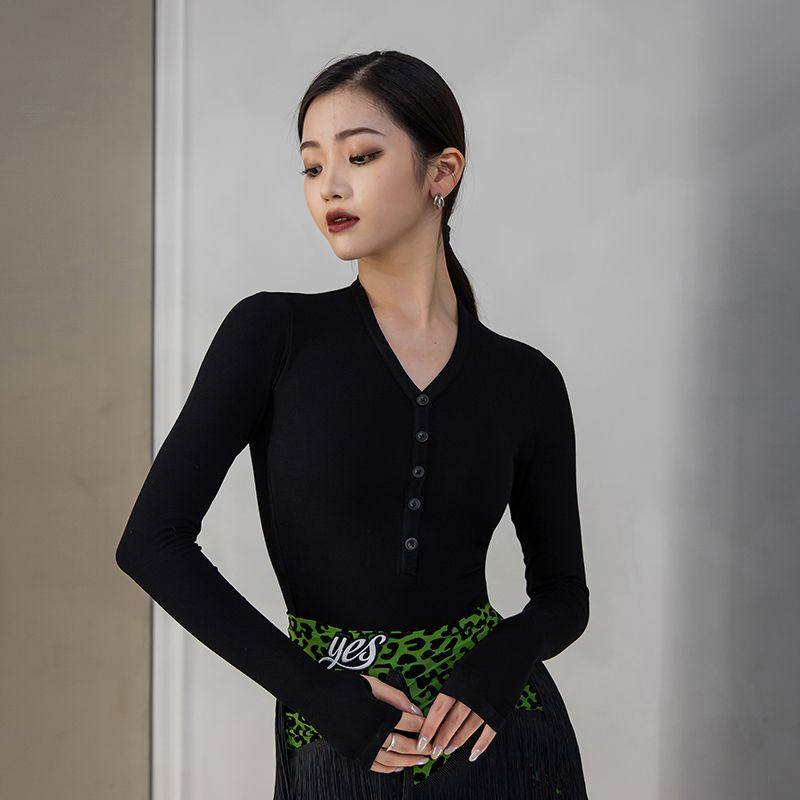 拉丁舞服秋冬新款国标舞练功服黑色连体上衣显瘦百搭打底衣女