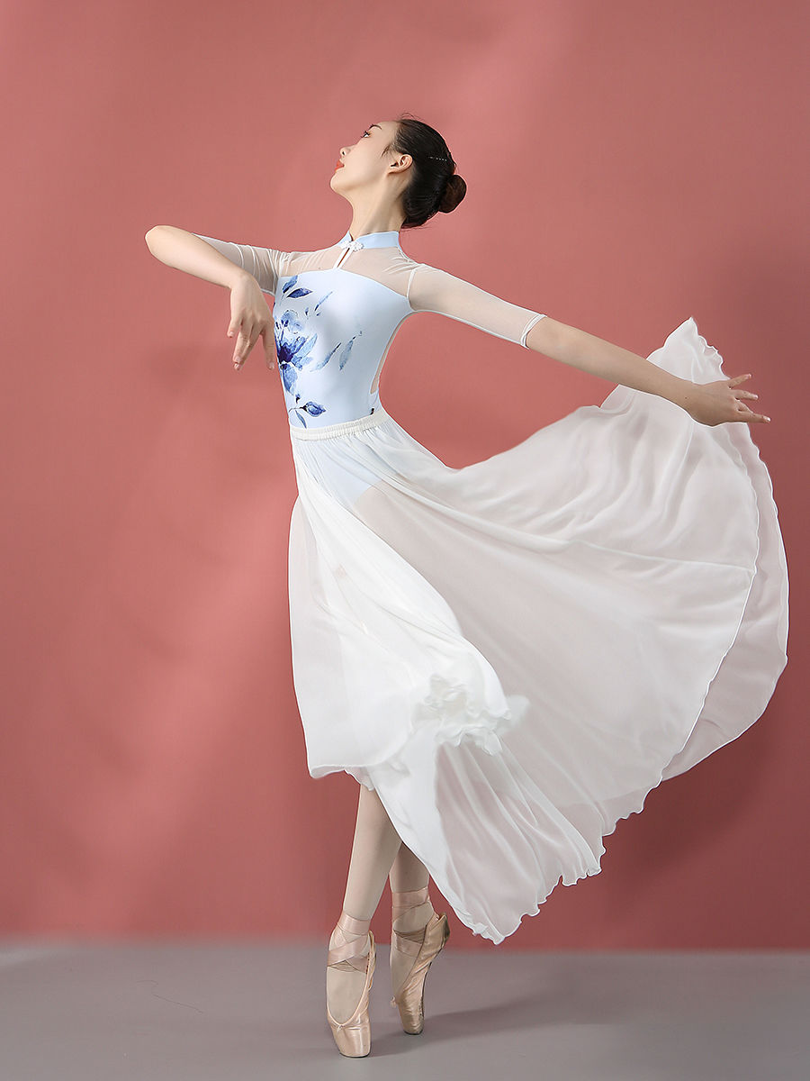 中国风青花旗袍体操服女成人舞蹈服芭蕾舞练功服形体连体服