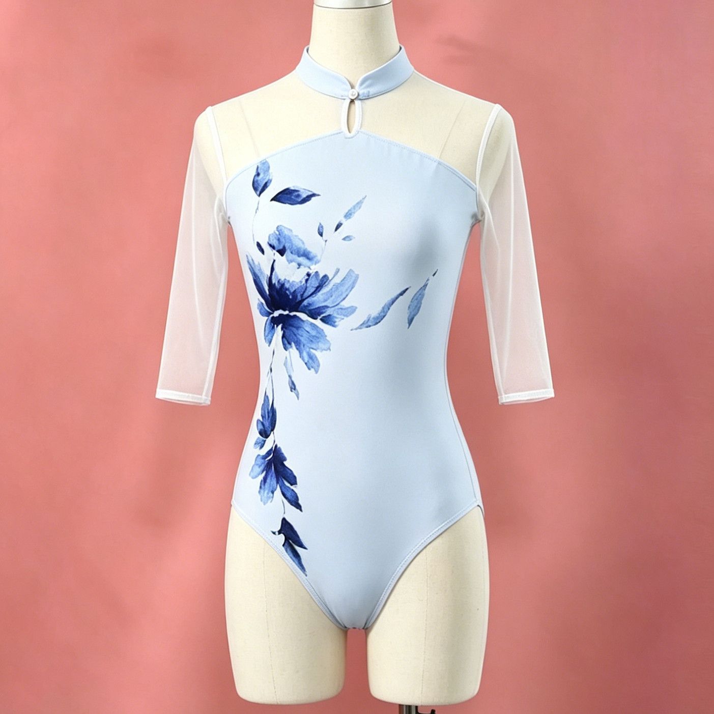 中国风青花旗袍体操服女成人舞蹈服芭蕾舞练功服形体连体服