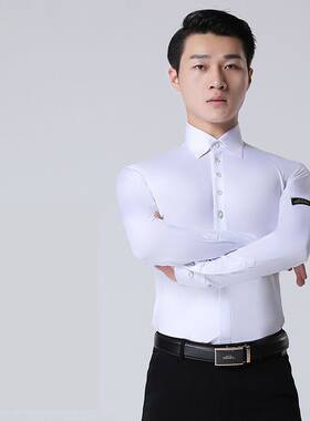 男士连体衬衣白色摩登舞拉丁舞服装新款男舞蹈国标比赛上衣