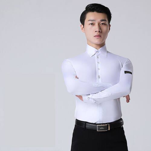 男士连体衬衣白色摩登舞拉丁舞服装新款男舞蹈国标比赛上衣