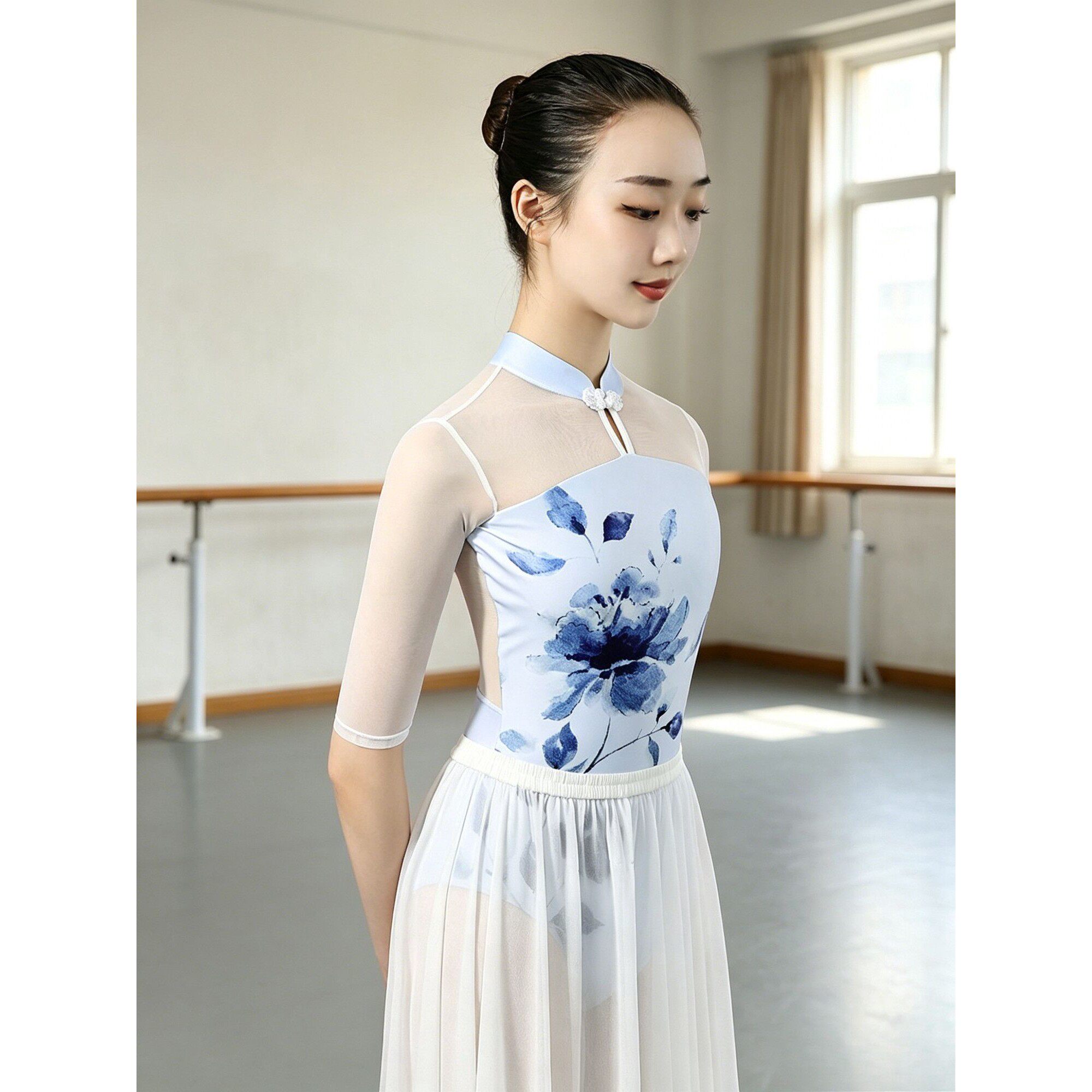 中国风青花旗袍体操服女成人舞蹈服芭蕾舞练功服形体连体服