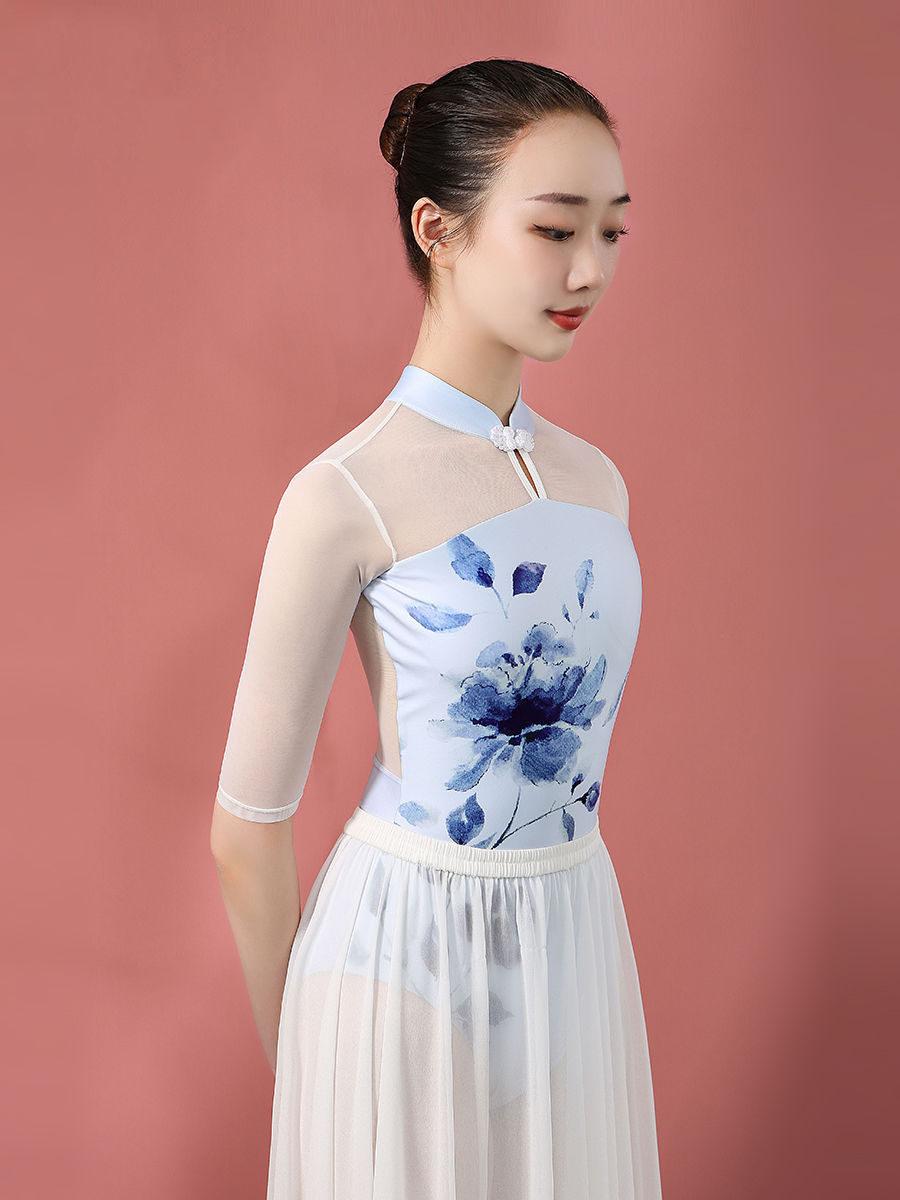 中国风青花旗袍体操服女成人舞蹈服芭蕾舞练功服形体连体服