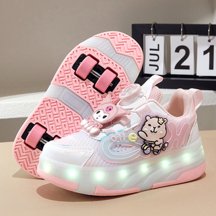 儿童卡皮巴拉女童运动滑轮暴走鞋亮灯充电男童四轮溜冰鞋带轮子鞋