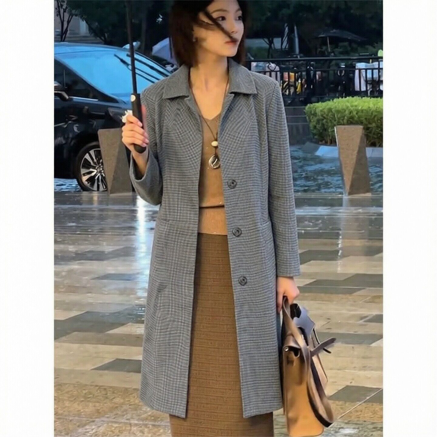 韩系翻领长款暗扣风衣女大码秋冬