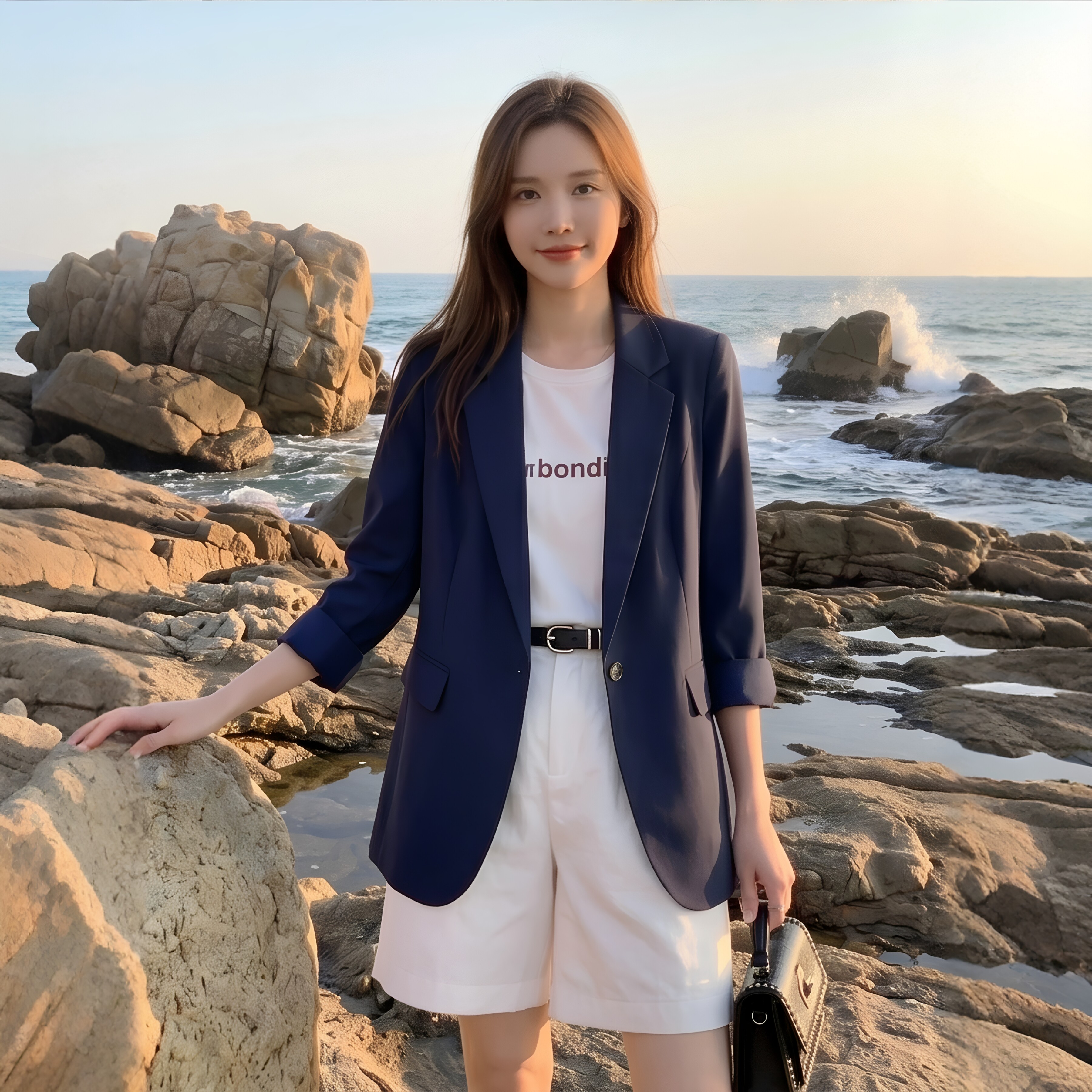 藏青色中袖薄款西装外套女装大码2026春夏新款防晒通勤职场小西服