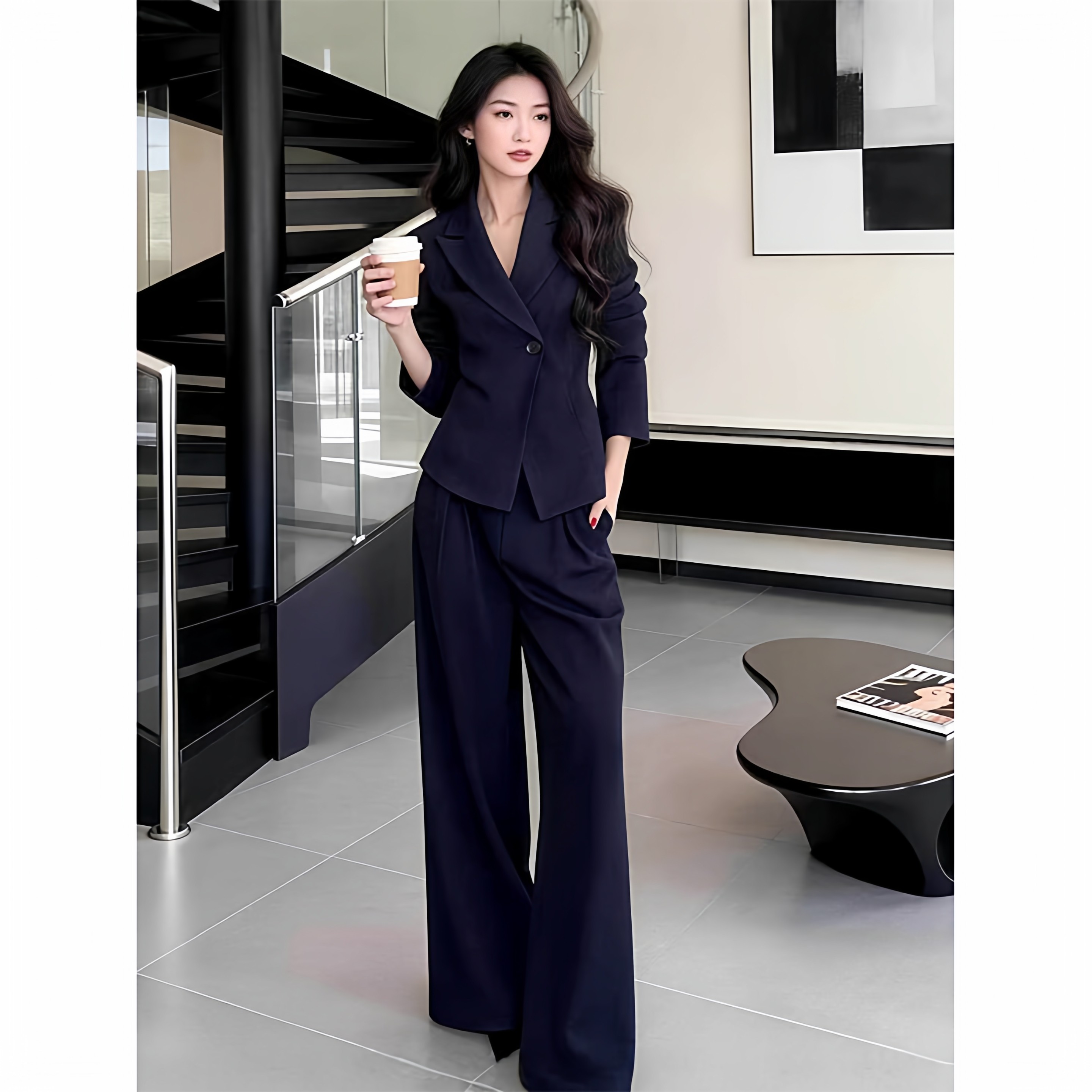 大码女装时尚短款西装套装通勤设计感外套西裤两件套2026春季新款