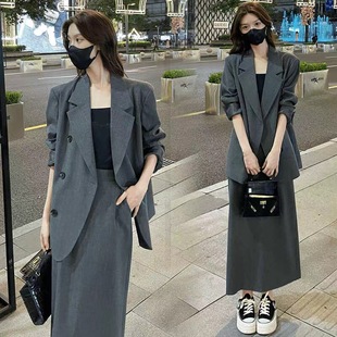 时尚西装套装裙女秋季新款职业气质显瘦长款半身裙两件套大码胖mm