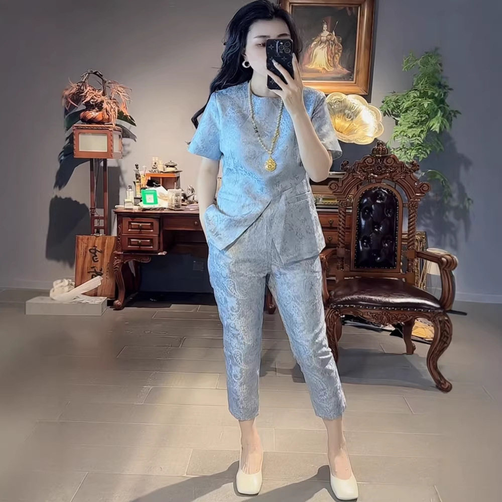 新中式夏季蓝色提花开叉上衣裤子套装减龄女神范修身两件套大码装