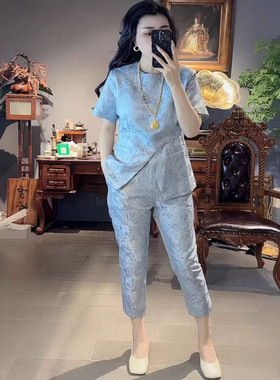 新中式夏季蓝色提花开叉上衣裤子套装减龄女神范修身两件套大码装
