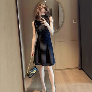 轻奢风无袖条纹连衣裙女收腰蓬蓬A字裙子气质显瘦秋冬打底小黑裙