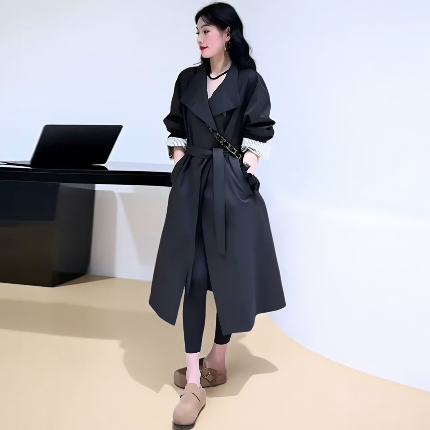 韩版秋冬翻领系带收腰中长风衣女