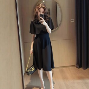 通勤风黑色连衣裙女短袖蕾丝拼接收腰显瘦气质轻熟优雅风中长裙子