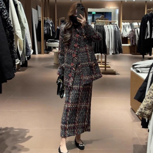 粗花呢小香风格子毛呢外套胖mm半身裙套装大码女装秋冬新款高级感