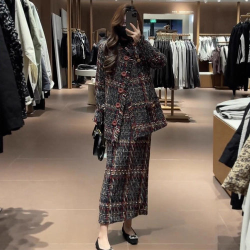 小香风格子毛呢外套半身裙套装