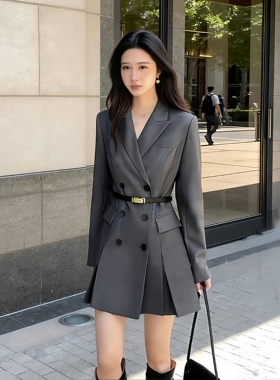 灰色长袖西装开叉连衣裙子大码通勤女装春秋新款显瘦时尚西服外套