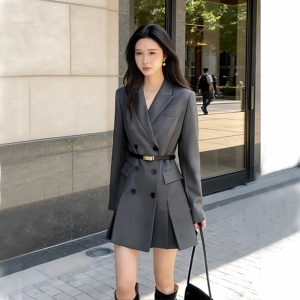 灰色长袖西装开叉连衣裙子大码通勤女装春秋新款显瘦时尚西服外套