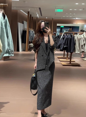 大码女装高级感亮闪闪宴会舞台西装外套搭高腰显瘦开叉半身裙套装